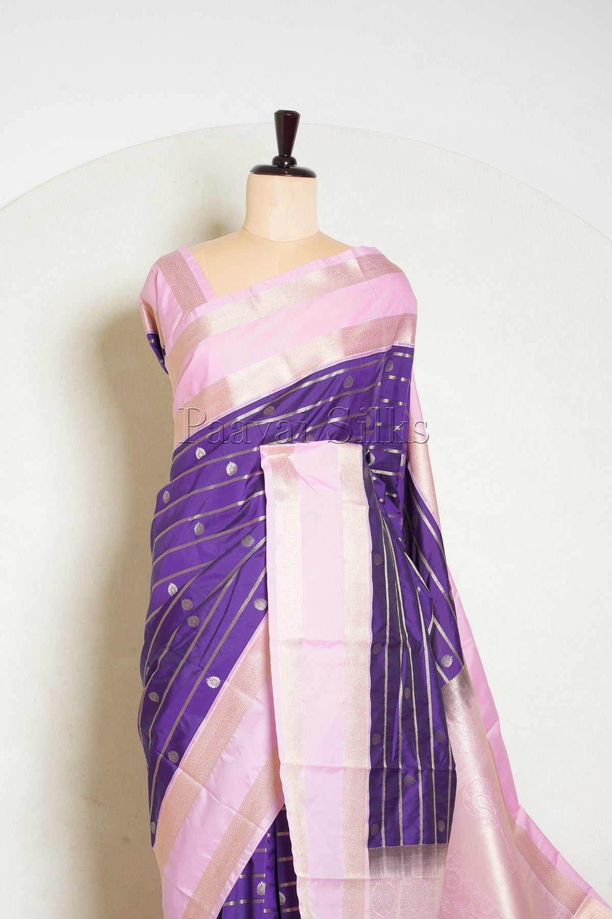 Violet Saree with Gold Zari Veldhari & Pink Rettapet Border