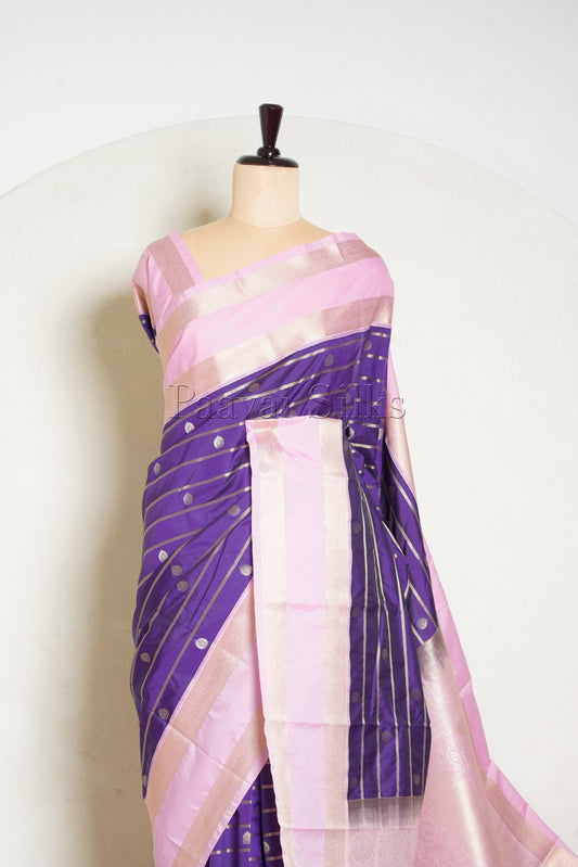 Violet Saree with Gold Zari Veldhari & Pink Rettapet Border