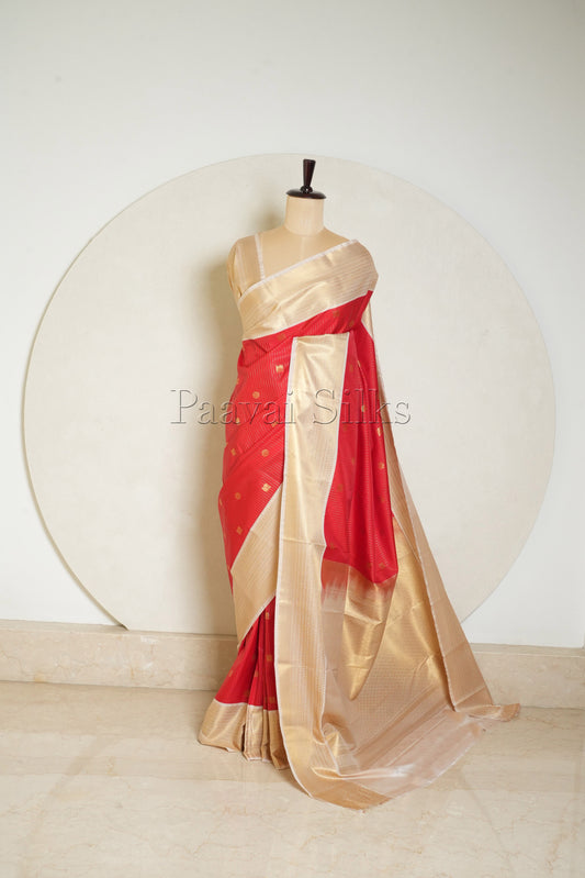 Chilly Red Saree with gold zari vertical stripes & Cream Gold Zari Border