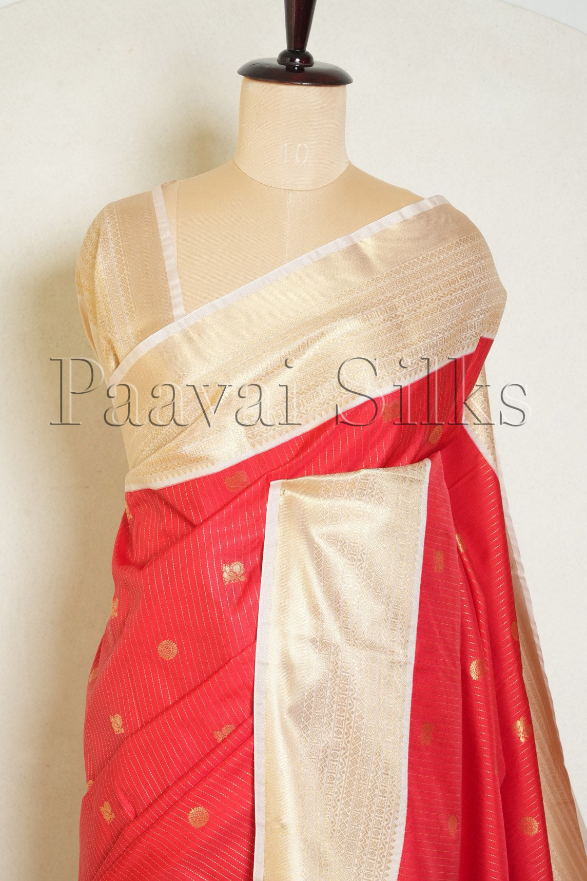 Chilly Red Saree with gold zari vertical stripes & Cream Gold Zari Border