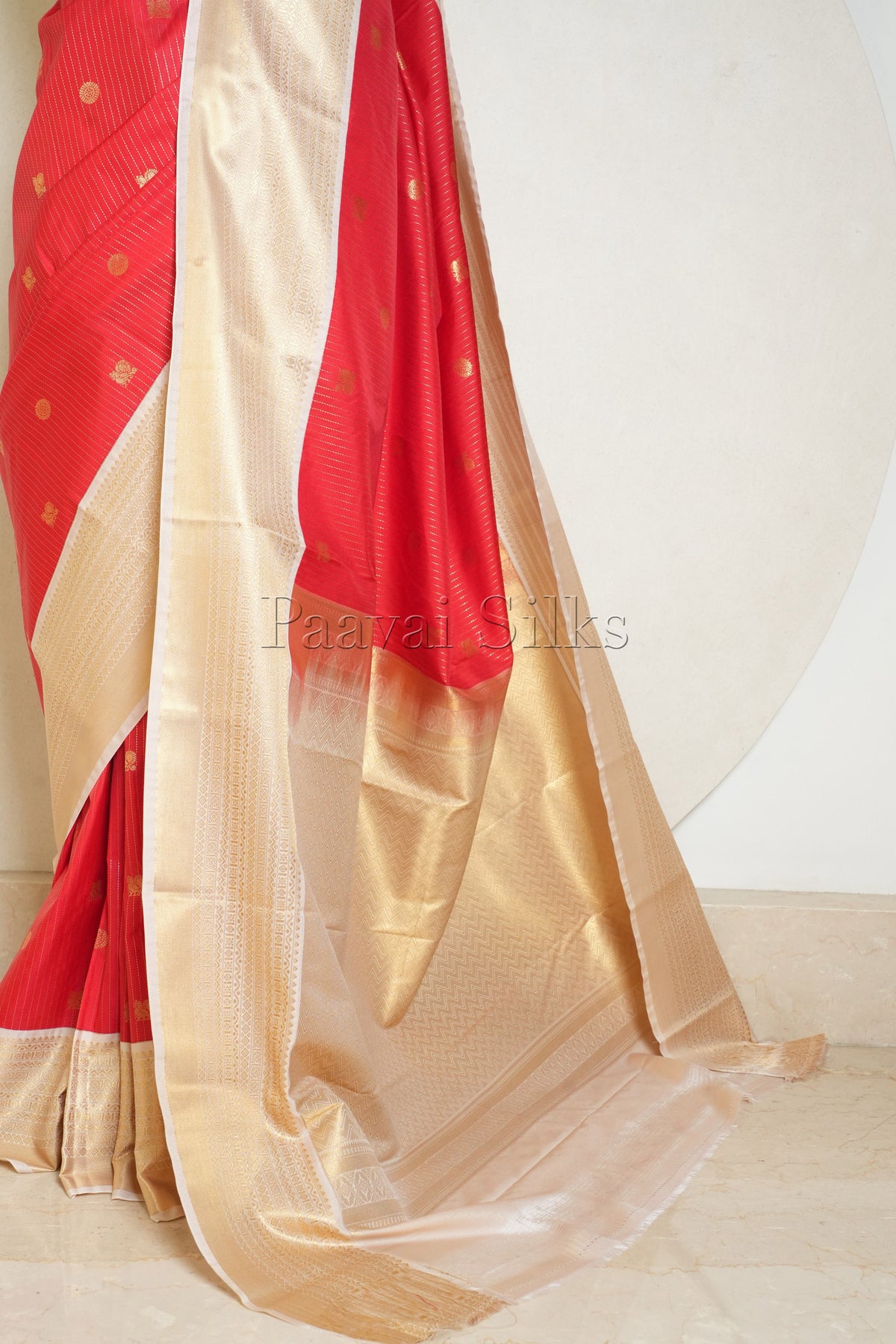 Chilly Red Saree with gold zari vertical stripes & Cream Gold Zari Border