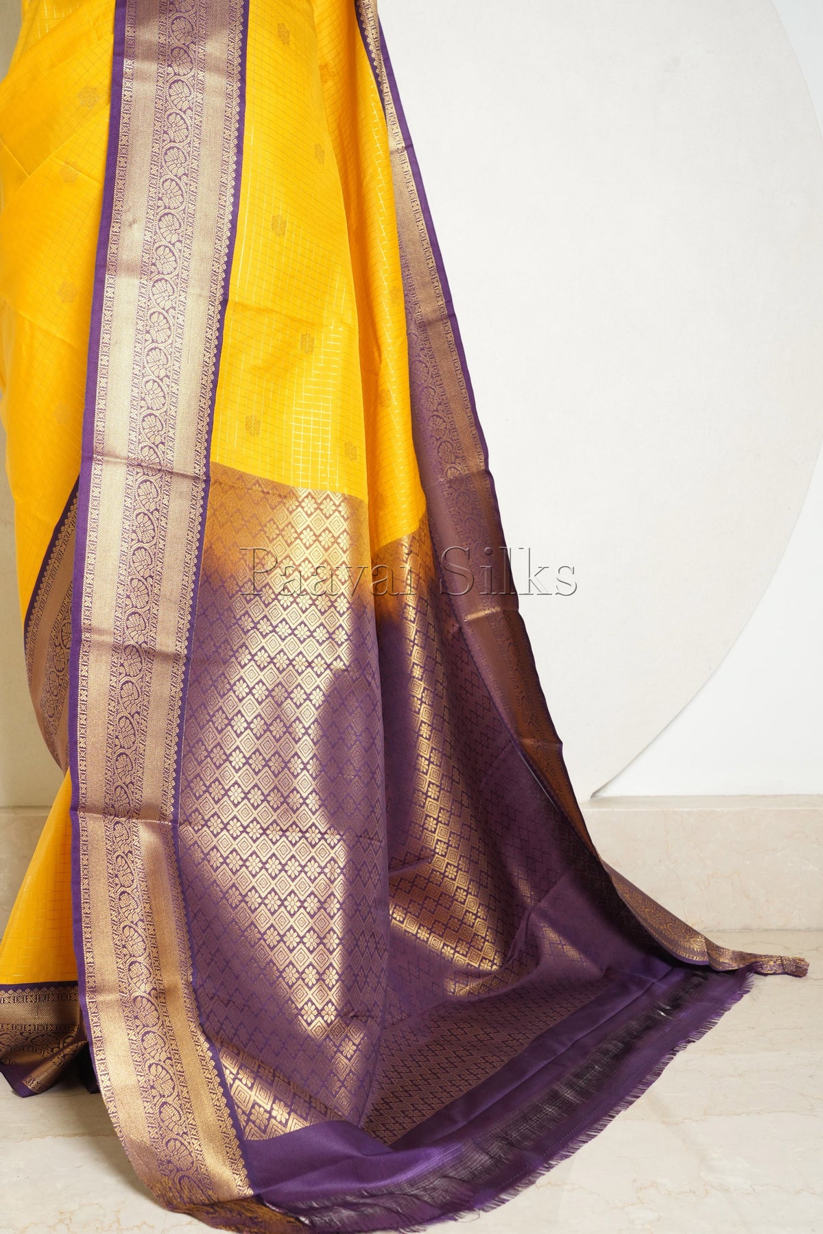 Marigold Yellow Saree with Podi Kattam & Purple Border