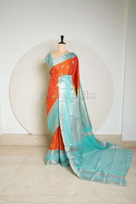 Kanagaambaram Orange Saree with Aqua Blue Rettapet Border