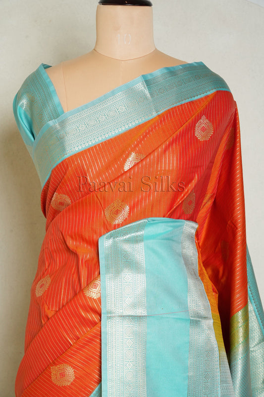 Kanagaambaram Orange Saree with Aqua Blue Rettapet Border