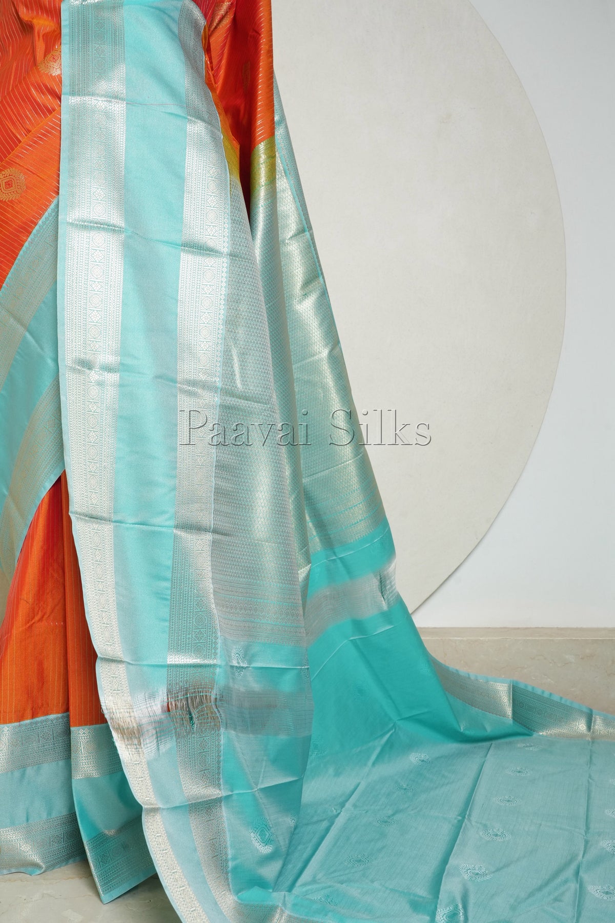 Kanagaambaram Orange Saree with Aqua Blue Rettapet Border