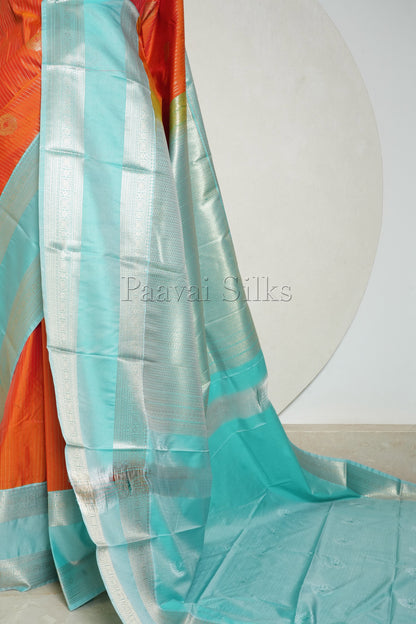 Kanagaambaram Orange Saree with Aqua Blue Rettapet Border