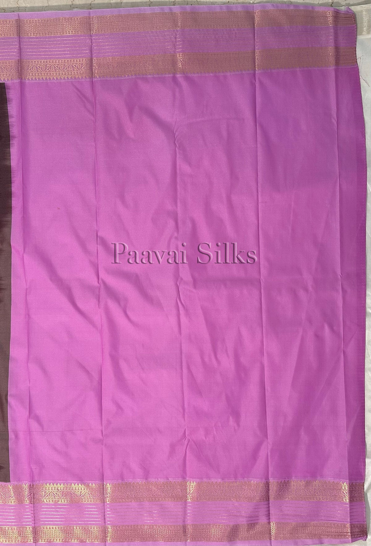 Mocha Brown Saree with Lilac Rettapet Border & Gold Zari Stripes