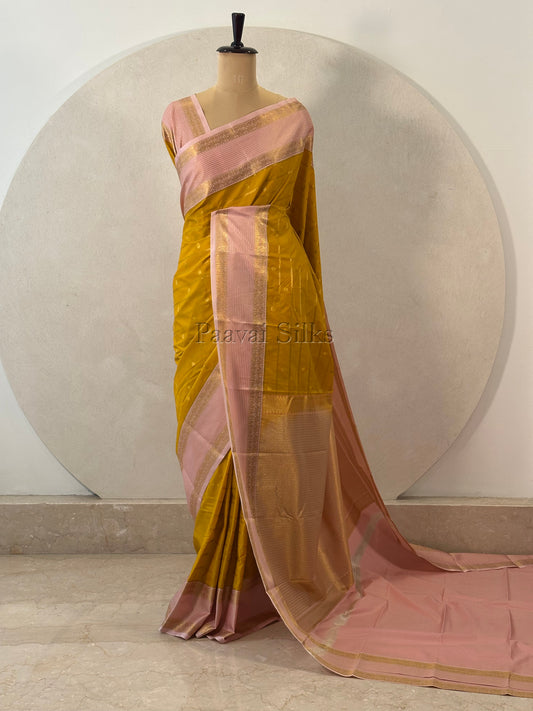 Marigold Yellow Saree with Gold Zari Veldhari Design & Peach Blossom Border