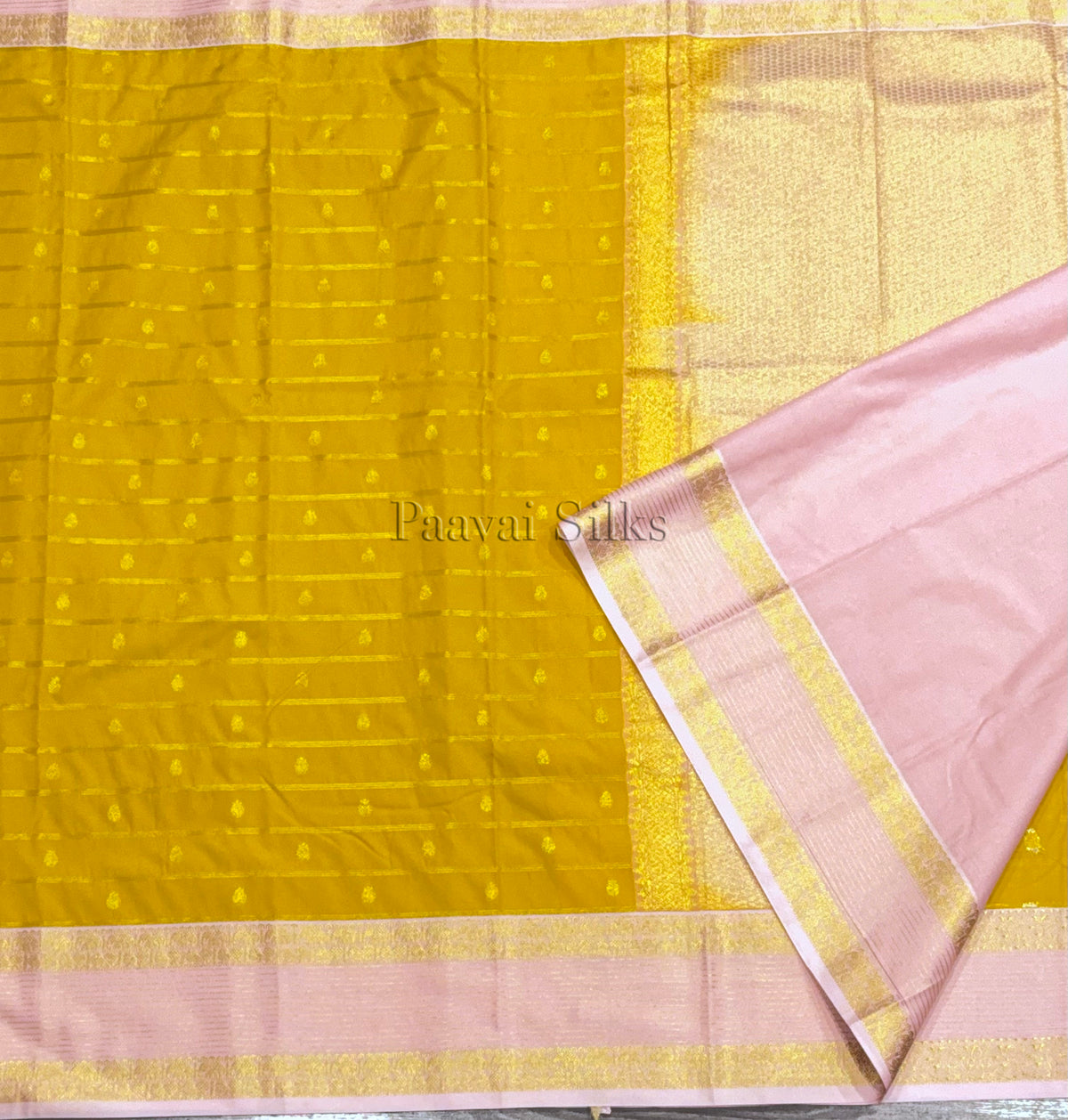 Marigold Yellow Saree with Gold Zari Veldhari Design & Peach Blossom Border