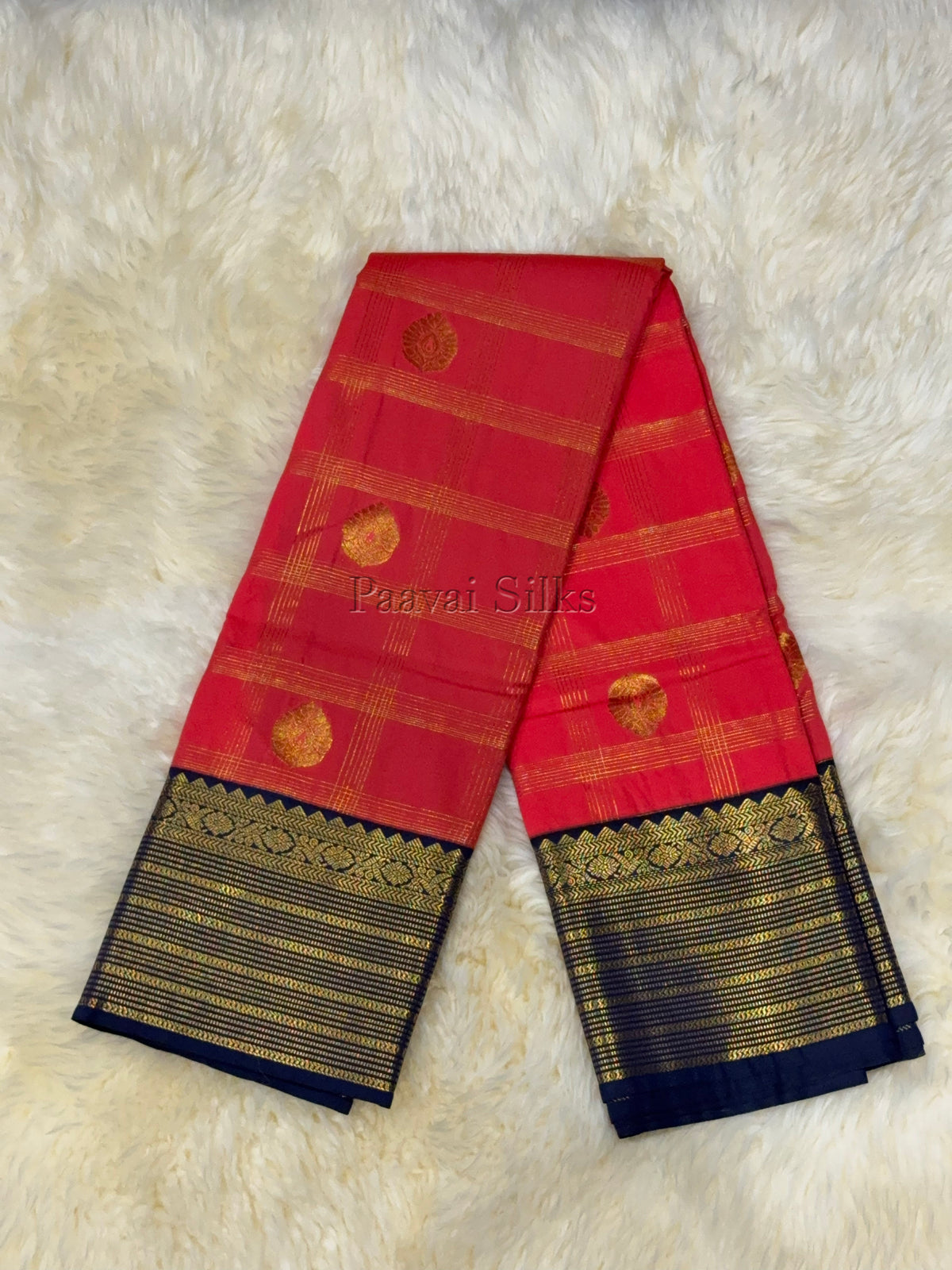 Rose Red Saree with Gold Zari Kattam Checks & Navy Blue Vintage Border