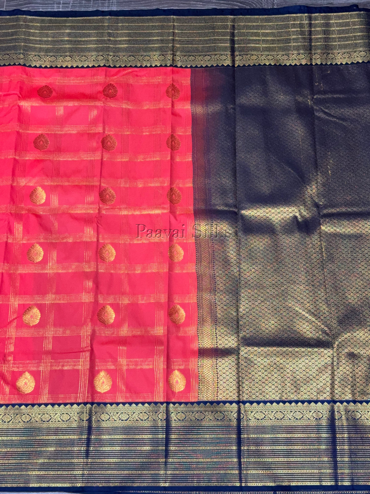 Rose Red Saree with Gold Zari Kattam Checks & Navy Blue Vintage Border
