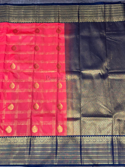 Rose Red Saree with Gold Zari Kattam Checks & Navy Blue Vintage Border