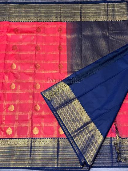 Rose Red Saree with Gold Zari Kattam Checks & Navy Blue Vintage Border