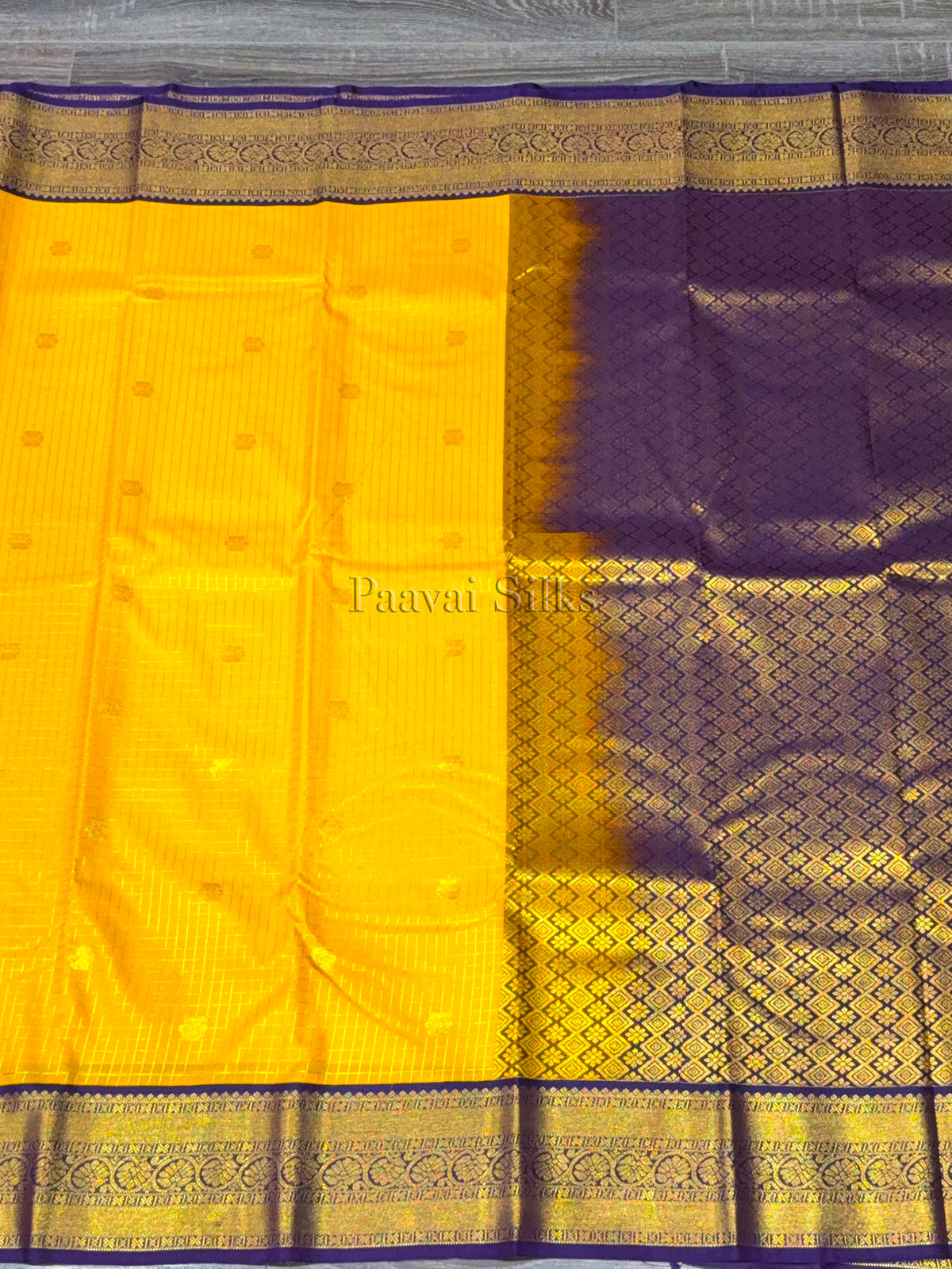 Marigold Yellow Saree with Podi Kattam & Purple Border