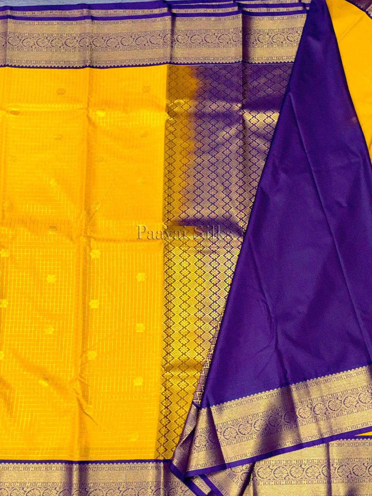 Marigold Yellow Saree with Podi Kattam & Purple Border