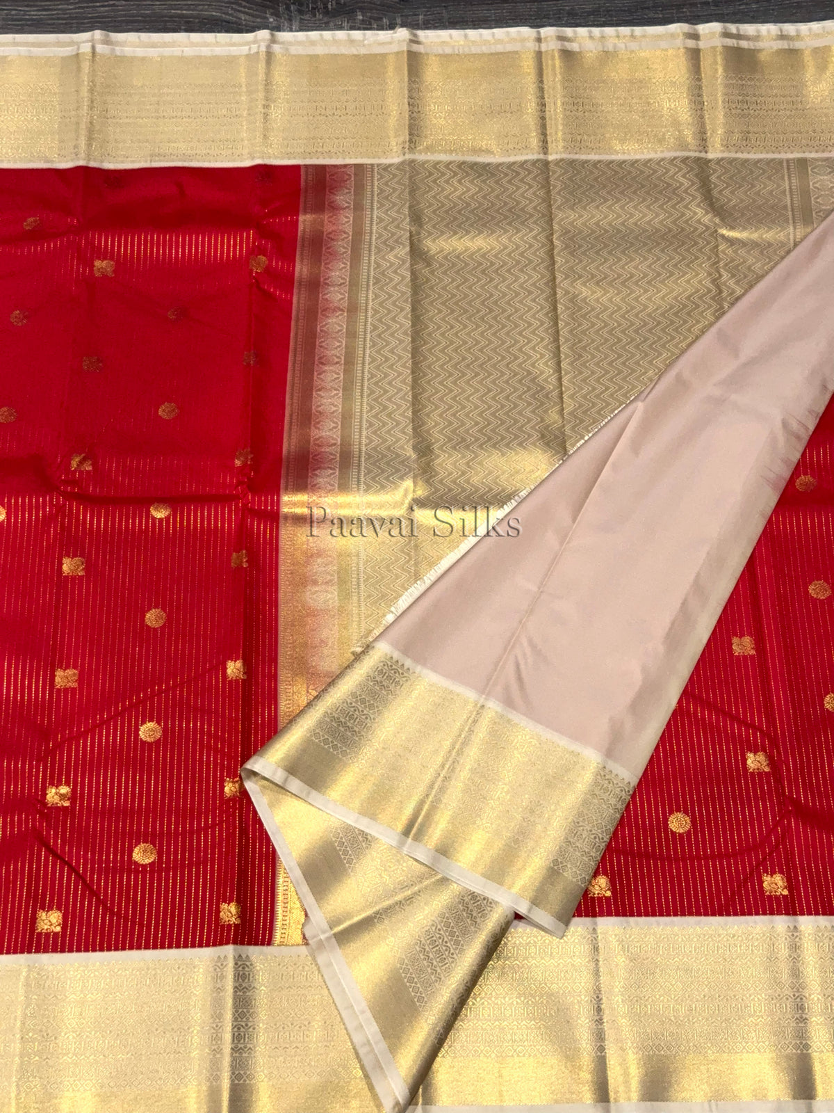 Chilly Red Saree with gold zari vertical stripes & Cream Gold Zari Border
