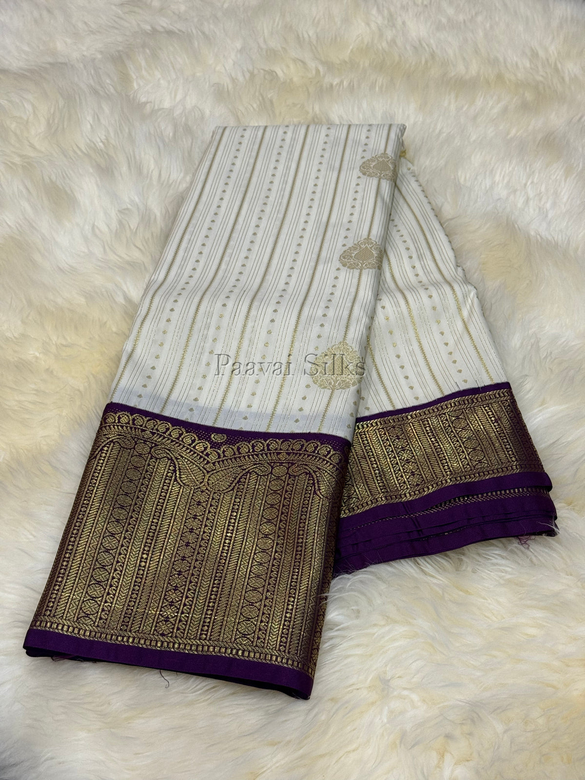 Half White Semi Silk Saree with Gold Zari Vertical Stripes & Deep Purple Border