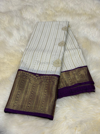 Half White Semi Silk Saree with Gold Zari Vertical Stripes & Deep Purple Border