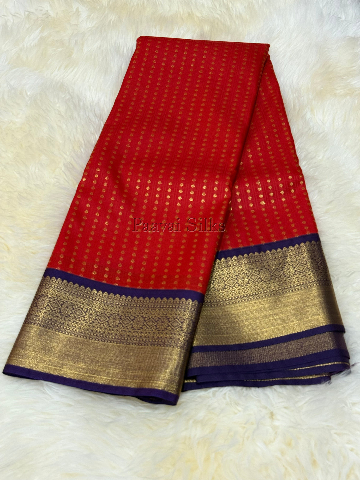 Chilly Red Saree with Gold Zari 1000 Buttas & Regal Purple Border