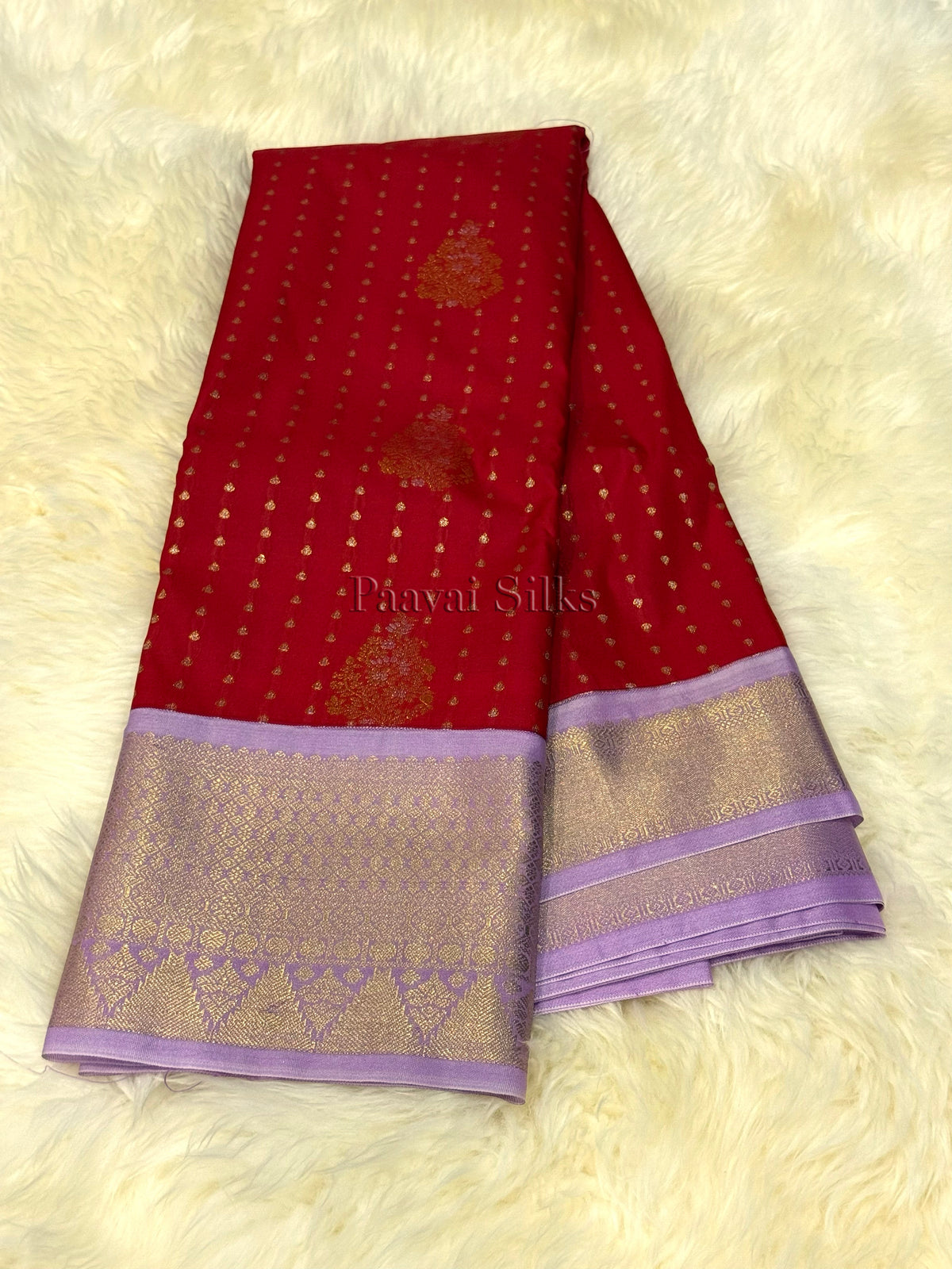Red Saree with Gold Zari 1000 Buttas & Lilac Border