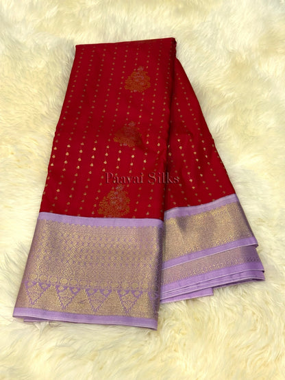 Red Saree with Gold Zari 1000 Buttas & Lilac Border