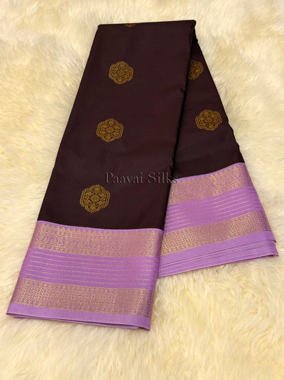 Mocha Brown Saree with Lilac Rettapet Border & Gold Zari Stripes