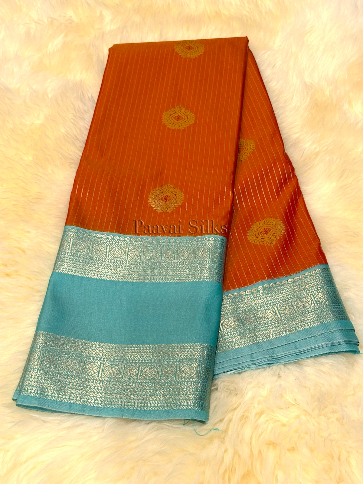 Kanagaambaram Orange Saree with Aqua Blue Rettapet Border