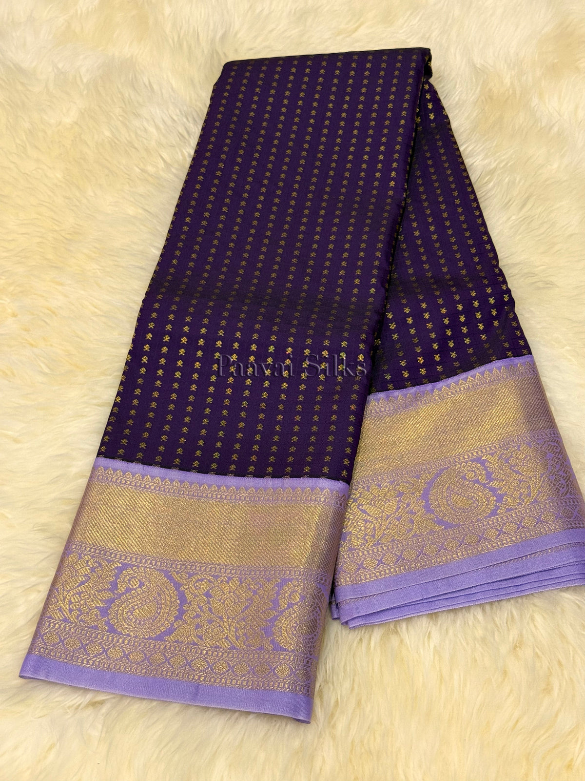 Deep Purple Saree with Gold Zari 1000 Buttas & Lavender Border
