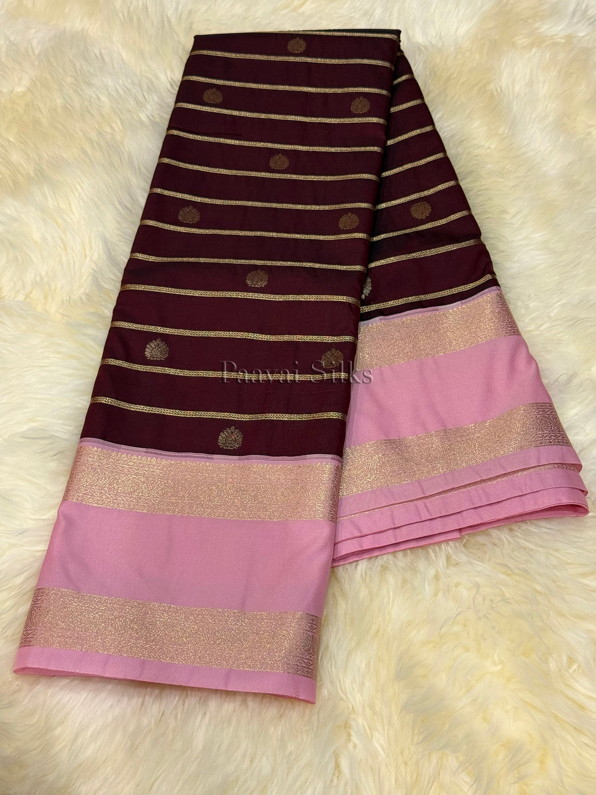 Rich Brown Saree with Gold Zari Veldhari Weave & Lotus Pink Rettapet Border