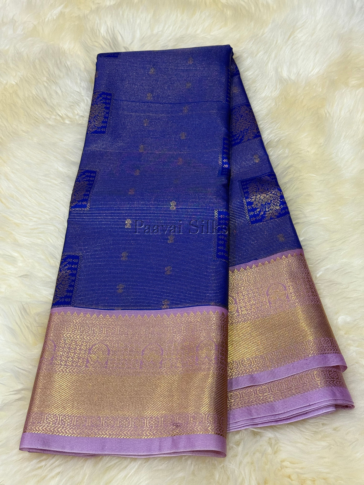 Royal Blue Saree with Fine Gold Zari Stripes & Lotus Pink Border