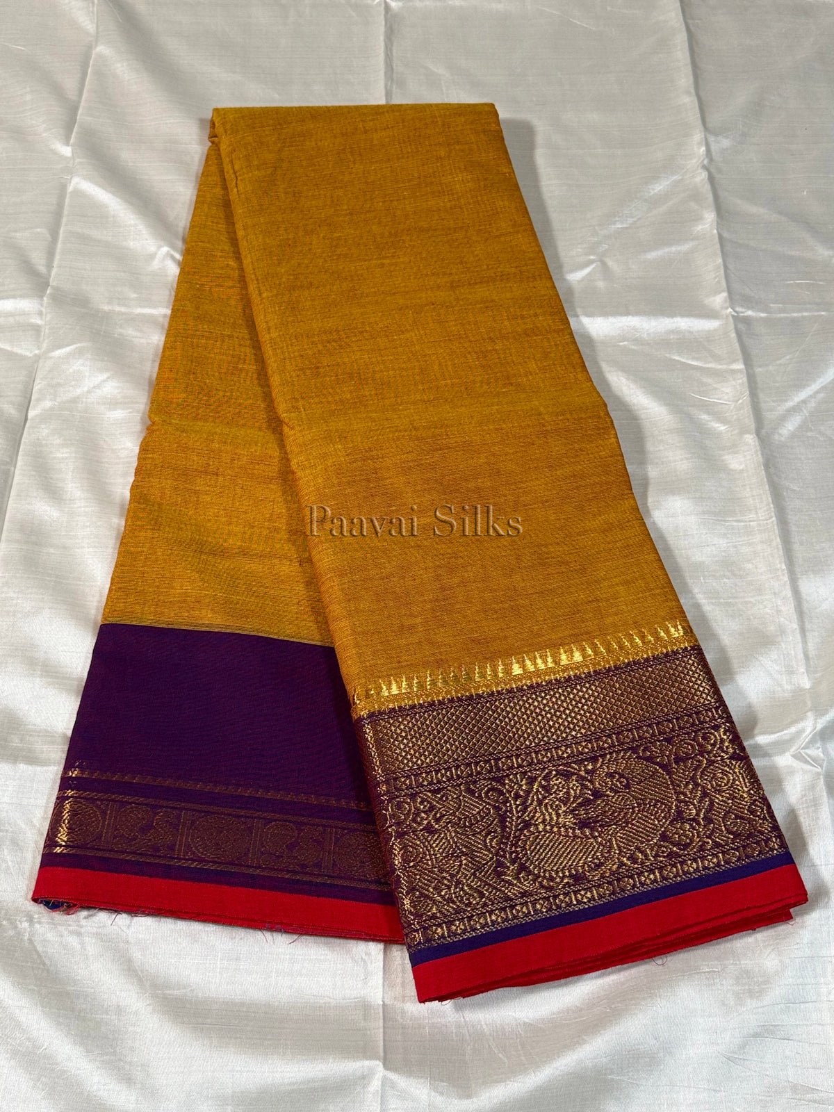 Mustard Gold Pure Kanchi Cotton Saree with Deep Purple Peacock Zari Border