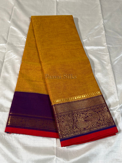Mustard Gold Pure Kanchi Cotton Saree with Deep Purple Peacock Zari Border