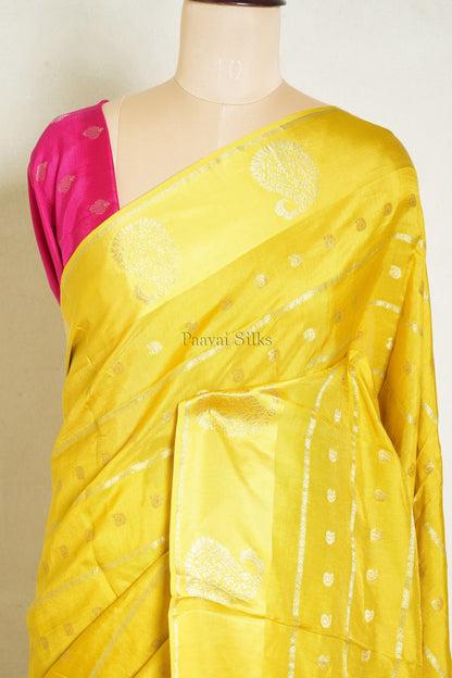 Mango Yellow Semi Crepe Silk Saree with Pink Contrast Blouse