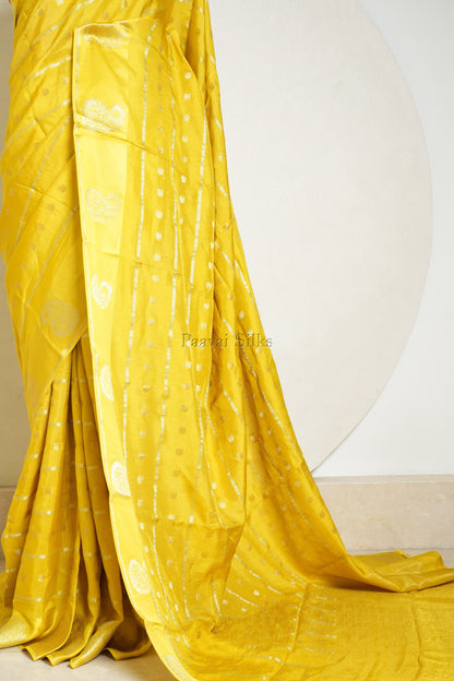 Mango Yellow Semi Crepe Silk Saree with Pink Contrast Blouse