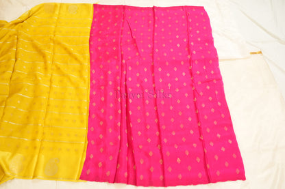 Mango Yellow Semi Crepe Silk Saree with Pink Contrast Blouse