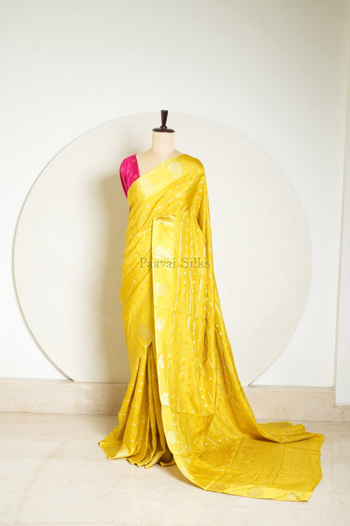 Mango Yellow Semi Crepe Silk Saree with Pink Contrast Blouse