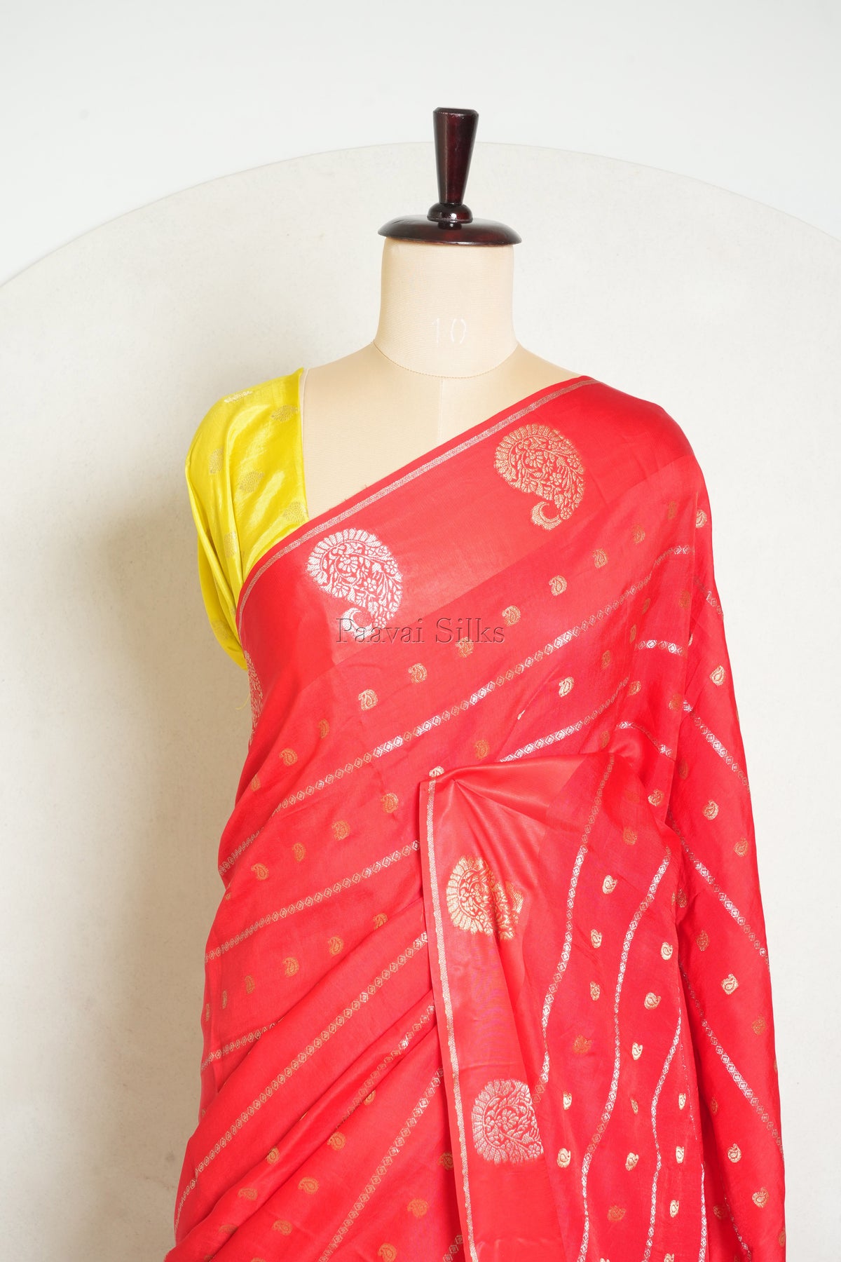 Red Semi Crepe Silk Saree with Yellow Contrast Blouse
