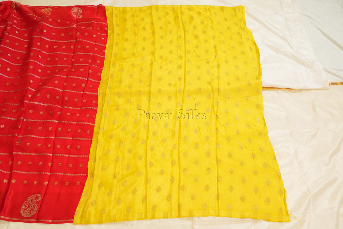 Red Semi Crepe Silk Saree with Yellow Contrast Blouse