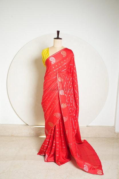 Red Semi Crepe Silk Saree with Yellow Contrast Blouse