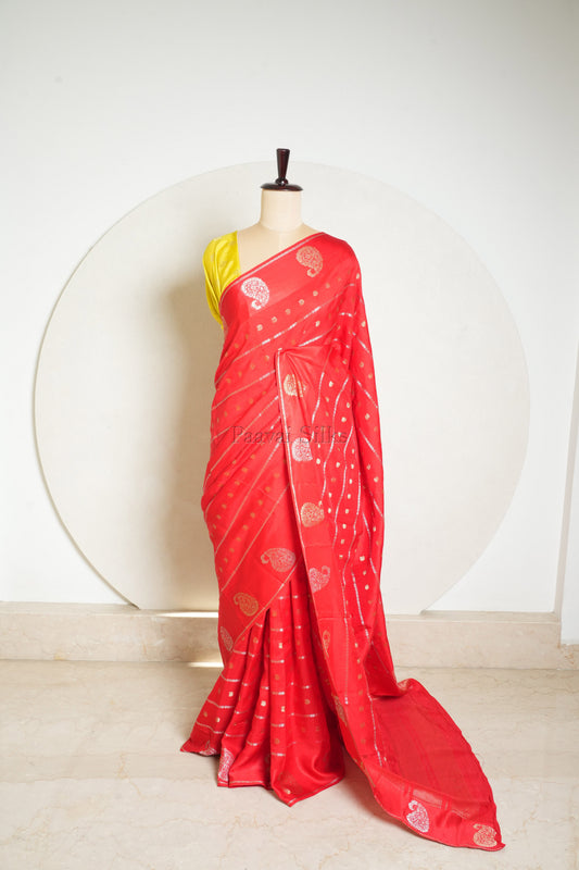 Red Semi Crepe Silk Saree with Yellow Contrast Blouse