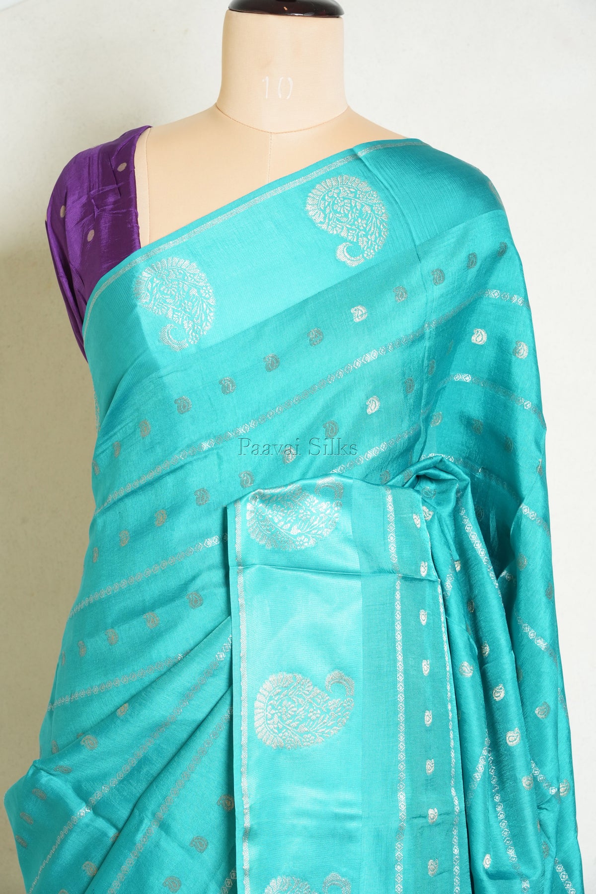 Teal Semi Crepe Silk Saree with Purple Blouse