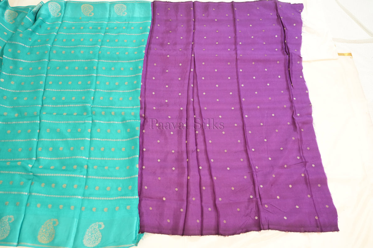 Teal Semi Crepe Silk Saree with Purple Blouse