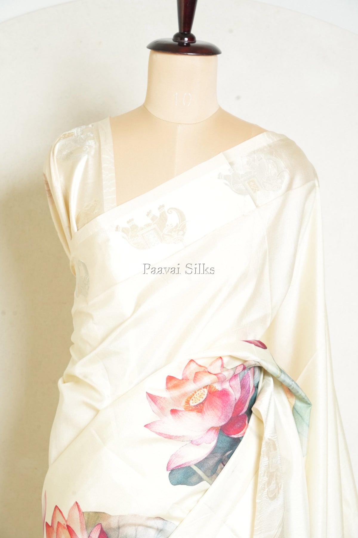 Ivory Semi Silk Saree with Lotus Print & Gold Zari Elephant Motifs