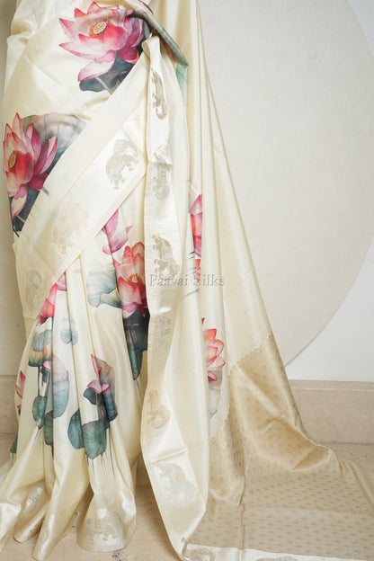 Ivory Semi Silk Saree with Lotus Print & Gold Zari Elephant Motifs