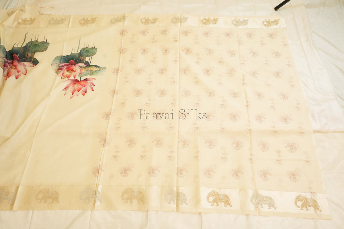 Ivory Semi Silk Saree with Lotus Print & Gold Zari Elephant Motifs