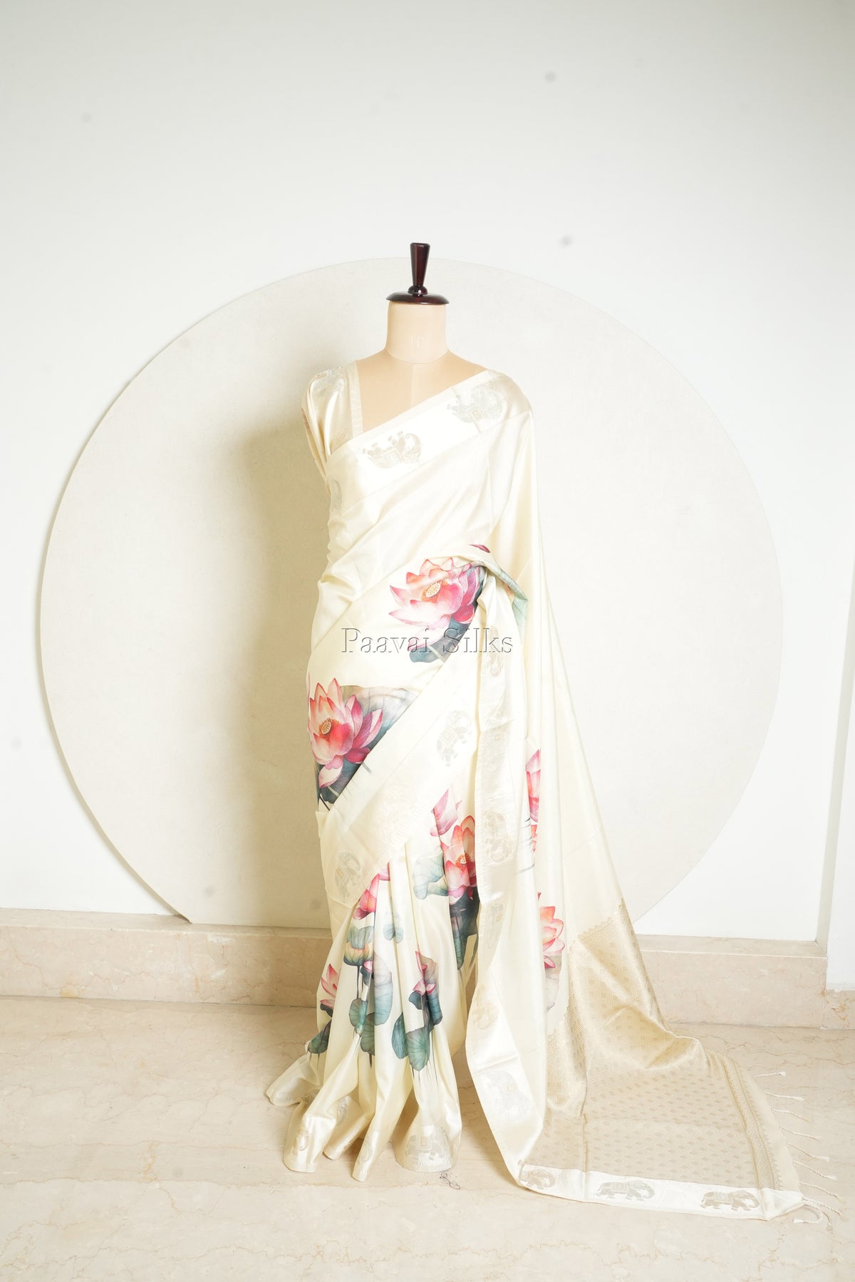 Ivory Semi Silk Saree with Lotus Print & Gold Zari Elephant Motifs