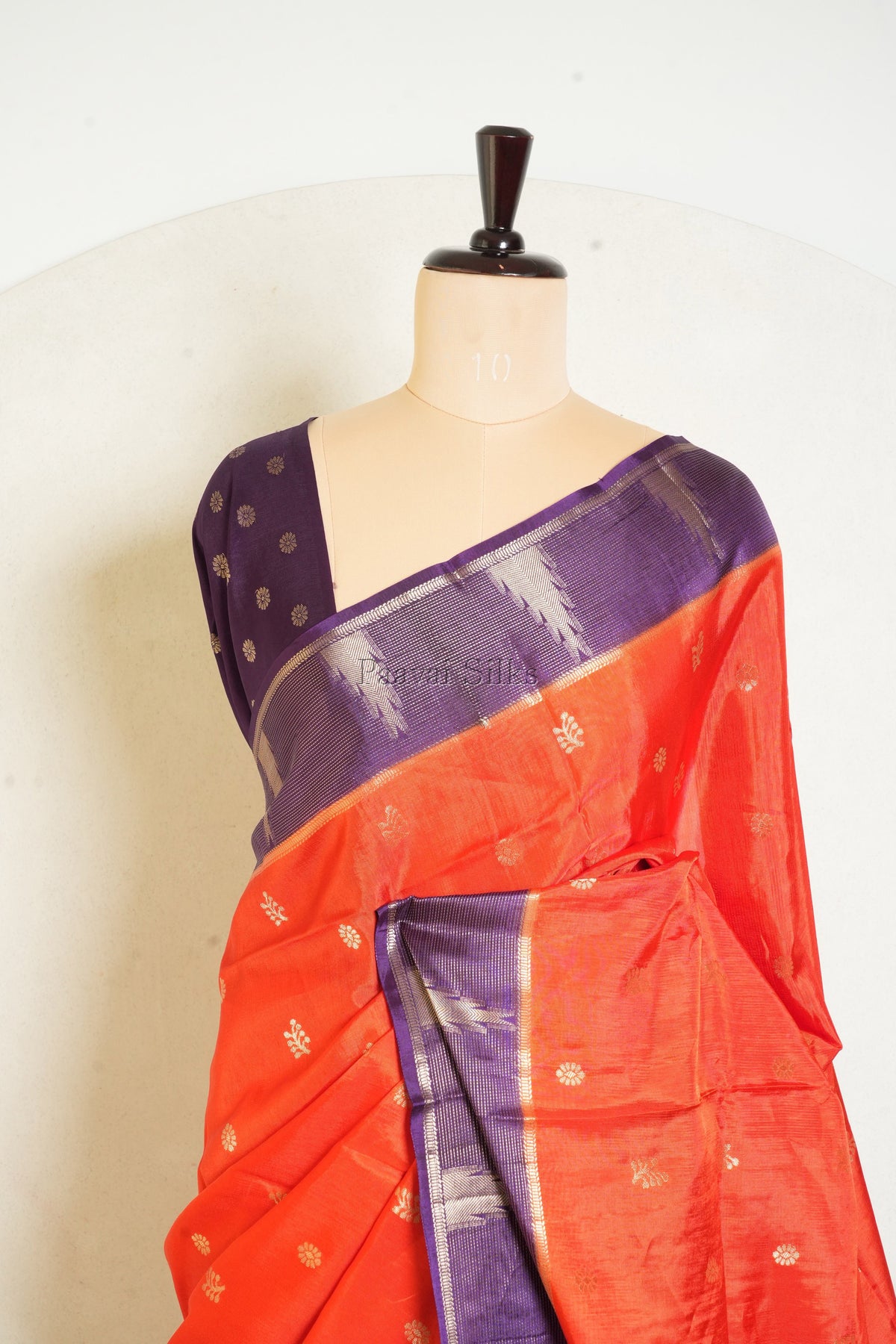 Orange Semi Soft Silk Saree with Purple Contrast Zari Border