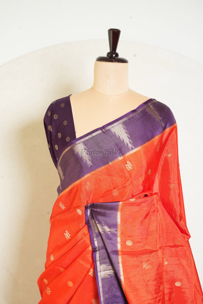 Orange Semi Soft Silk Saree with Purple Contrast Zari Border