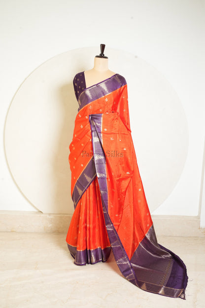 Orange Semi Soft Silk Saree with Purple Contrast Zari Border