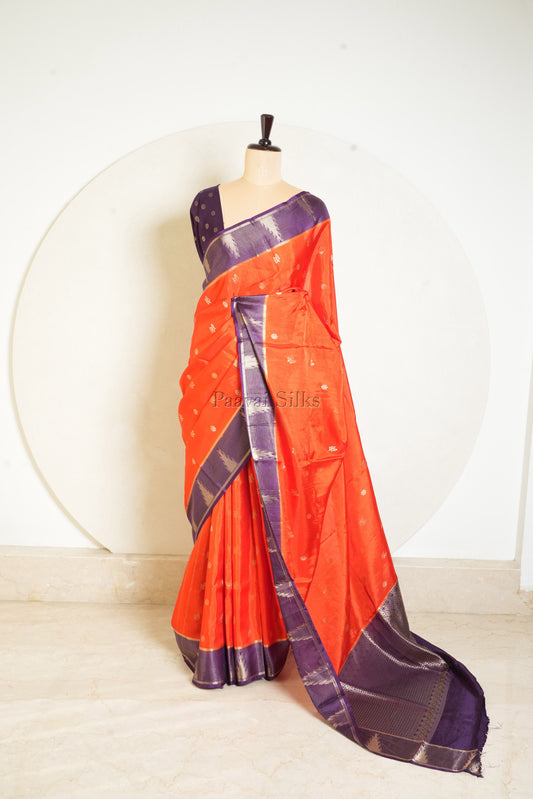 Orange Semi Soft Silk Saree with Purple Contrast Zari Border